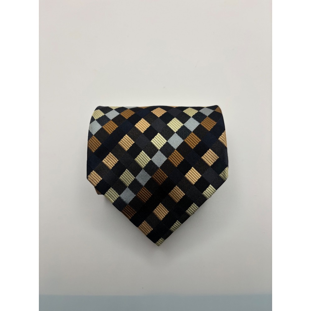 Roberto Villini Collezione Silk Tie Navy Blue Bronze Silver Checkered Geometric